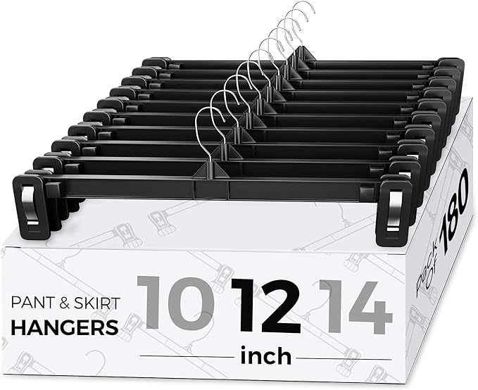 Smartor Space Saving Heavy Duty Hangers - 180 Pack, Slim Plastic Pants and Shorts Hangers, Ridged Non-Slip with Pinch Clips, 360-Rotating Chrome Swivel Hook, Black, 12 Inches
