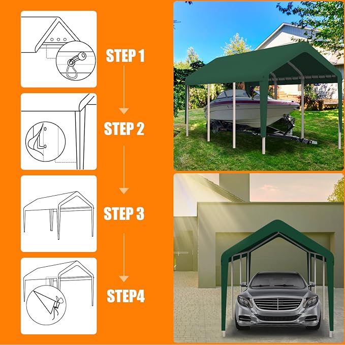 Carport Canopy 10 FTx20 FT Heavy Duty Replacement Cover, 800D Oxford Garage Shelter Cover Waterproof & UV Protected, Tarp with Ball Bungees, Not Include Frame, Dark Green