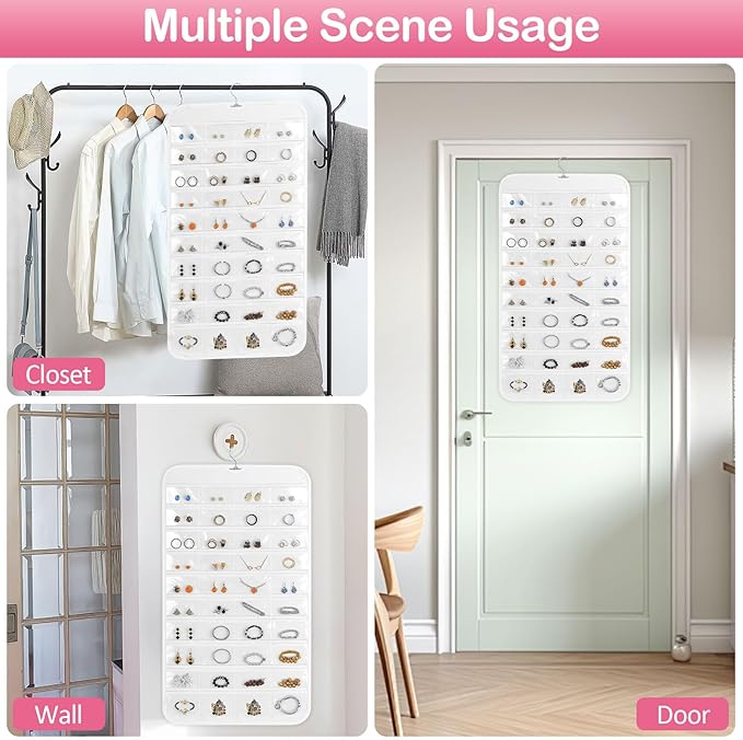 Hanging Jewelry Organizer for Closet with Swiveling Hanger, 17 x 30 In, 80 Clear Pockets Jewelry Organizer Hanging for Jewelries, Earrings, Accessories (Beige) (2, White)