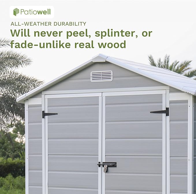 Patiowell 6x4 FT Resin Outdoor Storage Shed with Floor, Plastic Storage Shed with Lockable Door, Outside Shed Perfect to Store Patio Furniture, GardenTools Bike Accessories, Lawn Mower, Light Gray