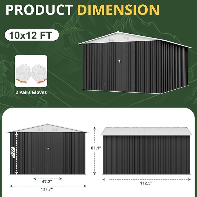 10x12 FT Outdoor Storage Shed, Metal Garden Shed with Updated Frame Structure and Lockable Doors, Heavy Duty Weatherproof Tool Sheds for Backyard Garden Patio Lawn, White