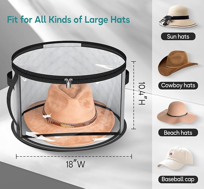 AOODA 18'' Oversized Clear Hat Storage Bag for Women, Holds up to 9 Caps Cowboy Hat Organizer for Closet, Wide Brims Hat Case with Carrying Handles (Grey)