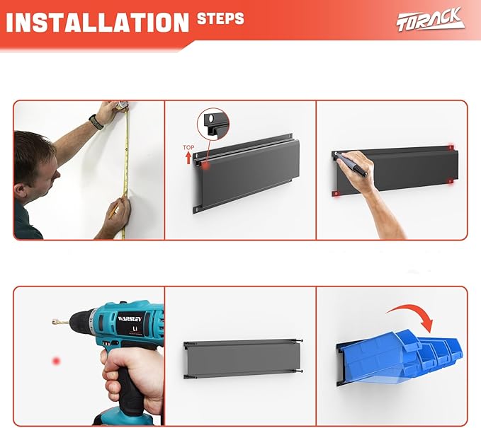 TORACK Wall-Mounted Storage Bins, 16 Plastic Bins for Tools Organization in Garage, Craft Room, and Shop(4-Pack, Blue)
