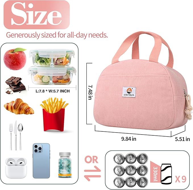 Lunch Box Lunch Bag for Women Girls Teens, Cute Lunch Box Cooler Bag, Portable Small Insulated LunchBox Reusable Corduroy Lunch Tote for Work/Travel/Picnic/School(Pink)