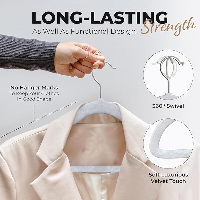 200 Pack Velvet Hanger for Shirt Pants Dresses Skirts Suits Jackets - Slim Space Saving Design - Standard Coat Hanger - Sturdy & Durable Design with Shoulder Grooves Hook