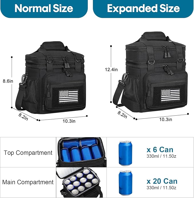GLENKEY Double Deck Insulated Lunch Box, Expandable Large Lunch Bag Leakproof Cooler Bag Lunch Pail for Men Women Adults Work Shifts Travel Daytrip, 16L, Black