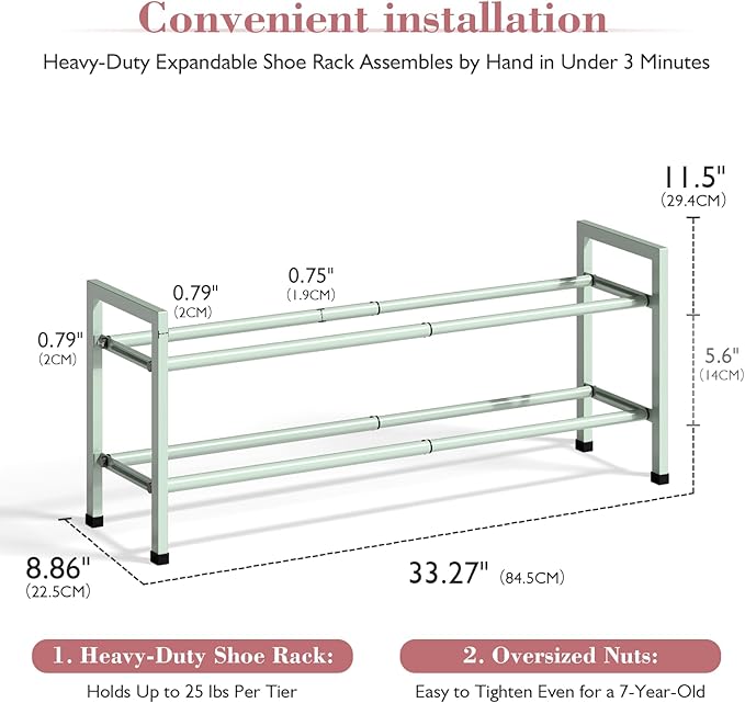 Bumusty 2-Tier Expandable Shoe Rack for Closet, 18“-33” Adjustable Shoe Rack for Small Space, Small Shoe Organizer for Front Door, Sturdy Metal, Green
