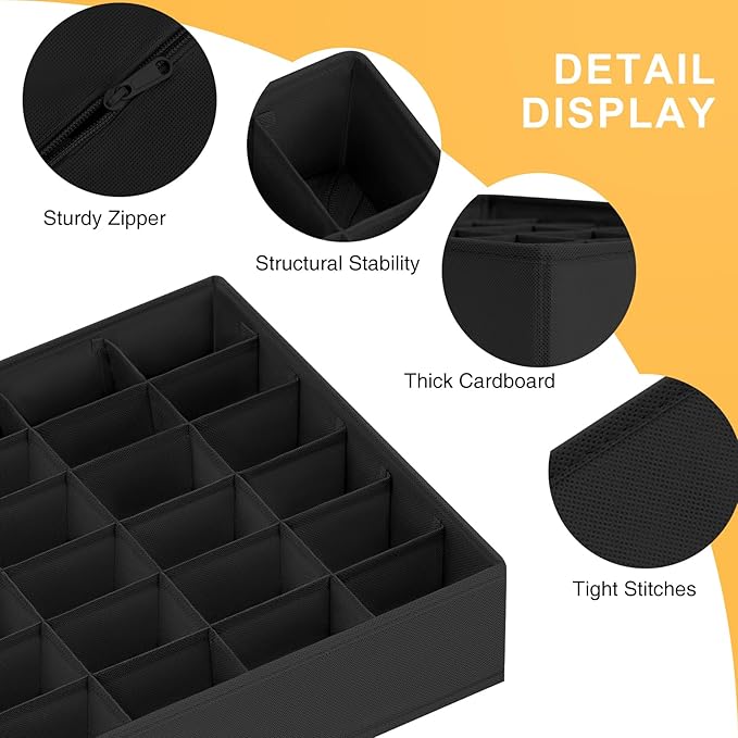 Joyoldelf Sock Organizer Drawer Organizer - Underwear Organizer, 24 Cell Collapsible Closet Organizers and Storage Sock Holders Organizers for Storing Socks, Ties, Belts 6 Pack Black