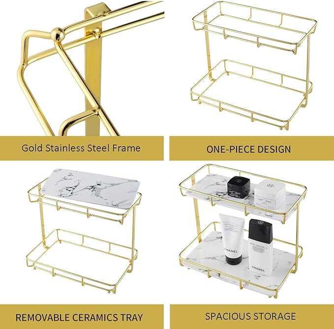 Bathroom Organizer Countertop Perfume Organizer Makeup Organizer Cosmetics Storage Display Rack Vanity Tray Dresser Stainless Steel Gold Shelf White Marble Ceramic Tray