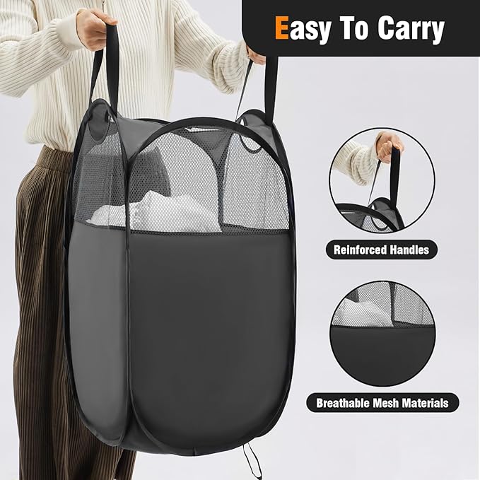 TECHMILLY Pop Up Foldable Laundry Basket, Mesh Laundry Hamper with Reinforced Handles for Dirty Clothes Storage in Dorm, Laundry Room, Bathroom, Black(Fabric), 2 Pack