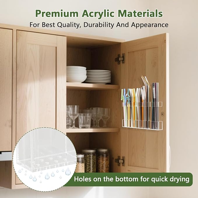 9.5” Large Acrylic Straw Holder for Cabinet Door - Reusable Tumbler Straw Organizer Storage, Small Kitchen Accessories Container, Ultra Sticky Cupboard Door Mounted (Transparent)