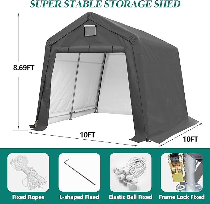 GARTOO 10' x 10' Outdoor Storage Shelter - Heavy Duty Storage Tent with Roll-up Ventilated Windows, Portable Garage Zipper Storage shed for Bike, Motorcycle Shelter, ATV, Weeding Tools