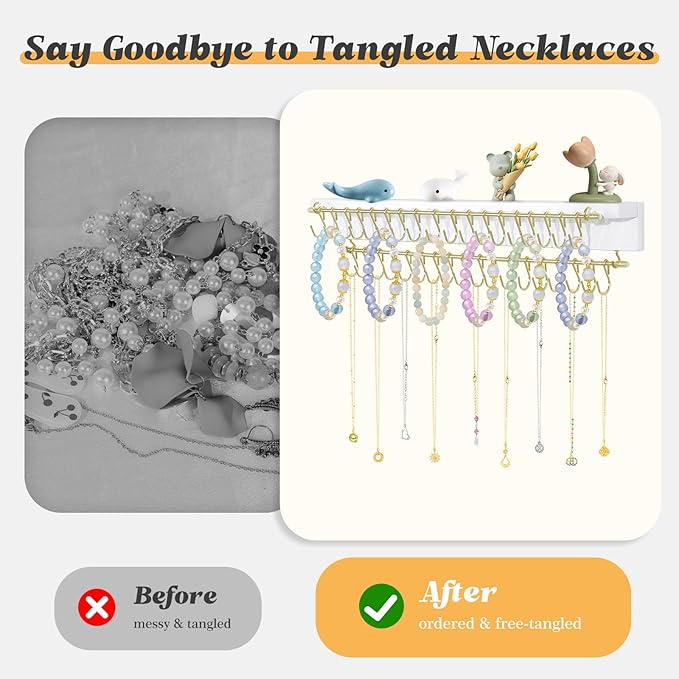Necklace Holder Wall Mounted Necklace Organizer with 36 Hooks, Hanging Jewelry Organizer for Bracelets, Rings and Necklaces Display Storage for Girls and Women