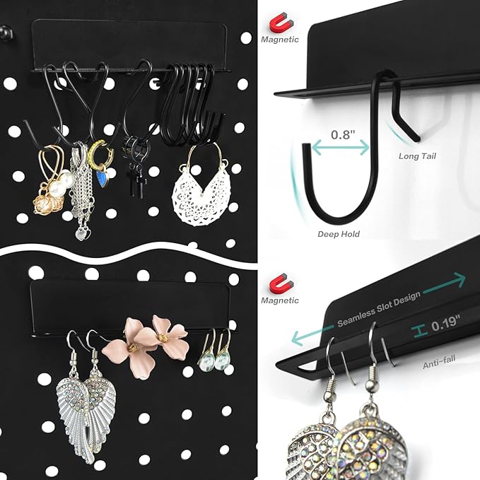 Wall Pegboard Jewelry Organizer - Versatile Jewelry Holders for Necklace Earring Bracelet Ring with Magnetic Racks Display Tray S Hooks J Hangers - Hanging Cabinet Closet Dresser Adhesive Mount Set