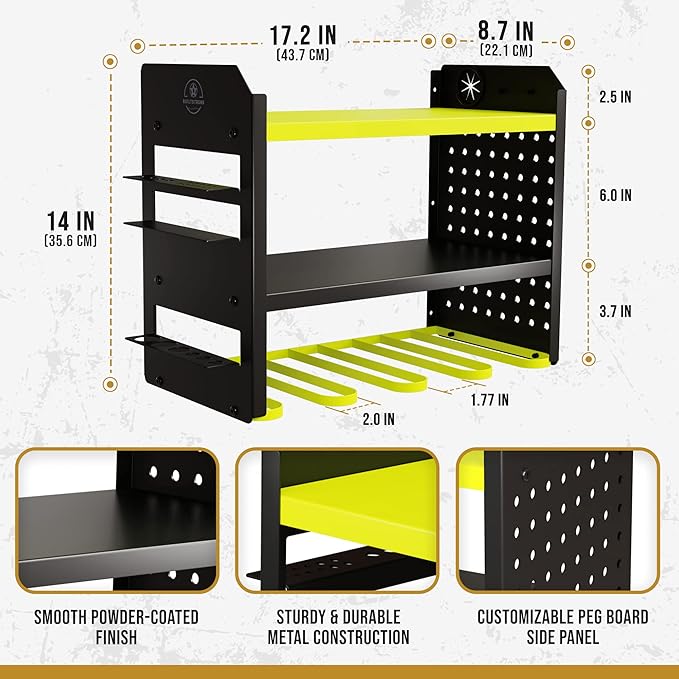 Heavy-Duty Metal Tool Storage Rack - 3-Tier Wall Mount Organizer, Drill Holder, Utility Racks, PegBoard Side, Garage Storage (Green)