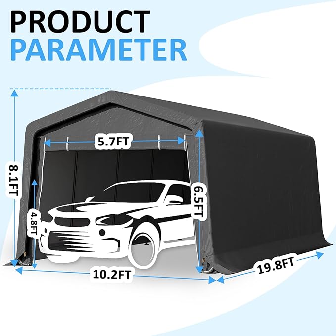 CHARMELEON 10x20FT Heavy Duty Outdoor Storage Shelter Carport,Portable Garage Shelter for Garden Tool Car Truck Boat,Galvanized Steel Frame Storage Tent with Dual Doors&Thickened Fabric ((Dark Grey)