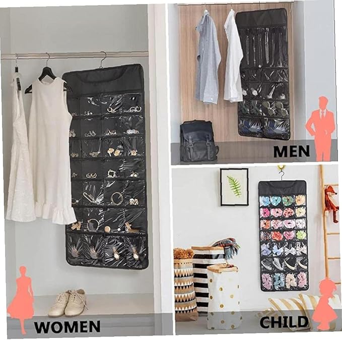 Hanging Jewelry Organizer Dual Zippered 43 Pockets 360°Rotating Double Sided Storage Pouch Wall Door Necklaces Sunglass Earrings Holders