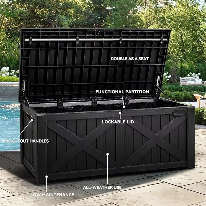 YITAHOME 150 Gallon Large Outdoor Storage Box with X-Shaped Front, Waterproof Resin Deck Box Cushion Storage Bench for Patio, Pool Supplies, Garden Tools - Lockable, Black