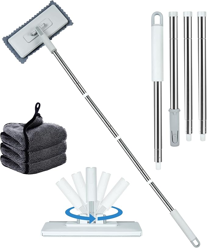 Disposable Dust Mop with 3 Shiny Cleaning Wipe Cloths, 360°Spin No Wash Mop, 4Ft Extension Pole Snap Grip Mini Mop -Automatic Cloth Changing, Small Disposable Dust Mop Set for Tile, Floor and Wall
