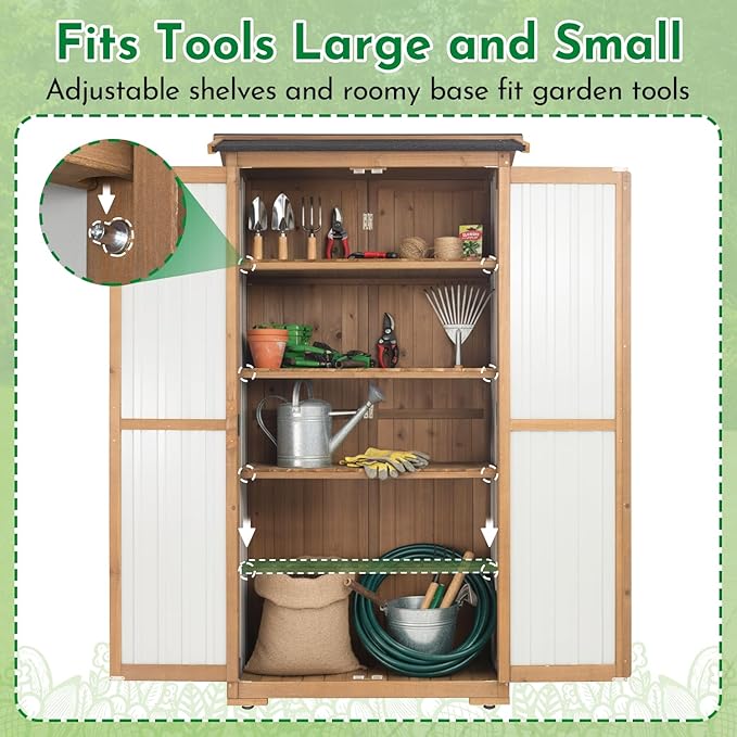 Outdoor Storage Cabinet, Wood & Metal Garden Cabinet with 3 Adjustable Shelf, Weather-Resistant Roof, Lockable Doors & Adjustable Feet for Patio, Garden, Farm (33" L x 21" W x 69" H)