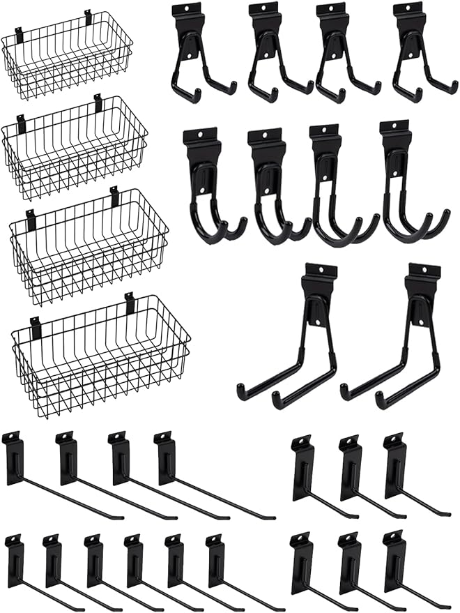 Slatwall Accessories 30 Pcs Slatwall Hook Slat Wall Hanging Hook Garage, Slat Wall Accessory Includes 4 Pack Slatwall Baskets Set and 26 PCS Multisized Heavy Duty Slatwall Hooks