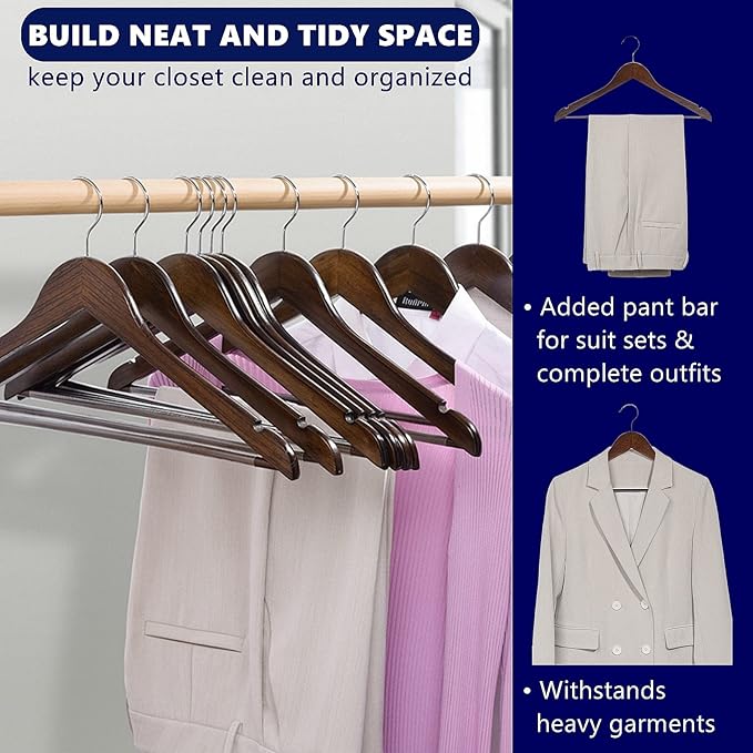 Amber Home 30-Pack Vintage Wooden Coat Hangers, Walnut Wood Suit Hangers with Non-Slip Pant Bar for Shirts, Jackets, Dresses, Pants - Retro