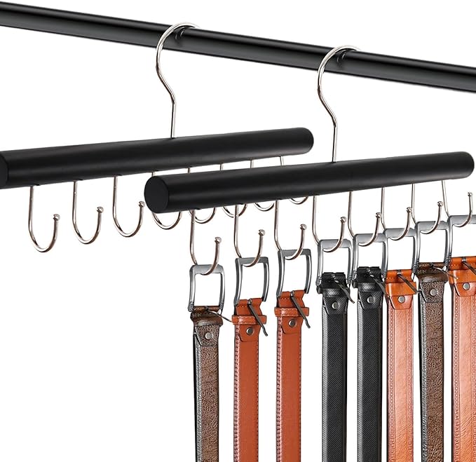2PCS Belt Organizer Hanger,Sturdy Wood Belt Rack Closet Accessories with 8 Hooks Belt Organizer for Closet Organizers and Storage -Black