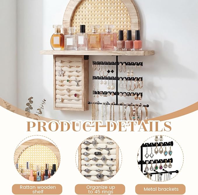 Hanging Jewelry Organizer Wall Mounted with Rustic Wood Rattan Shelf Wooden Ring Display Box Large Boho Jewelry Holder for Necklaces Bracelet Earrings Rings Storage