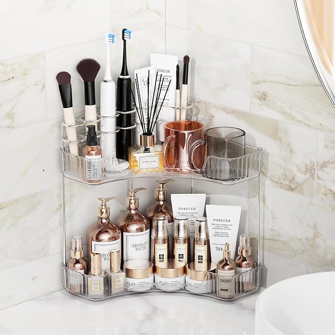 2-Tier Corner Bathroom Counter Organizer with Top Toothbrush Holders,Large Makeup Organizer Countertop with Brush Holder,Skincare Organizers Corner,Exquisite Vanity Organizer(Clear, 2 Tier)