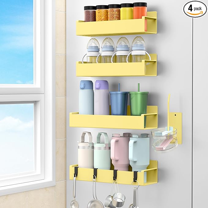 Magnetic Water Bottle Holder for Refrigerator, Cup Holder Organizer for Stanley and Tumbler for Kitchen, 4 Pack, Yellow