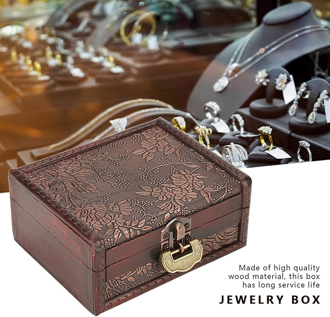 5-Inch Wooden Lock Box, Vintage Keepsake Box with Lock and Key, Small Locking Decorative Box for Jewelry Necklace, Earrings