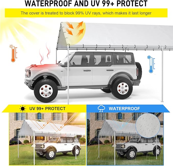 10 x 20 Ft Carport Replacement Canopy Cover Garage Top Tent Shelter Tarp with Free 48 Ball Bungee Cords,White(Only Cover, Frame Not Include)