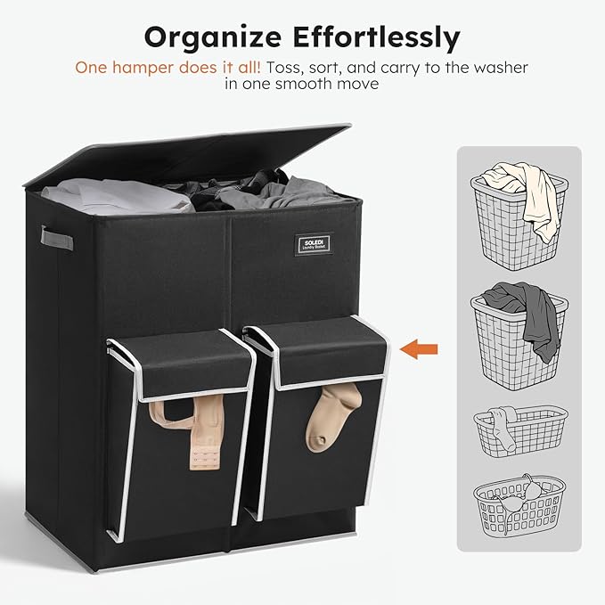 SOLEDI Double Laundry Hamper with Lid, 47.8 Gal (180L) Large Laundr Basket 2 Section with 2 Side Pockets, Dirty Clothes Hamper with Removable Bag, Easy to Carry for Laundry Room, Bedroom, Black