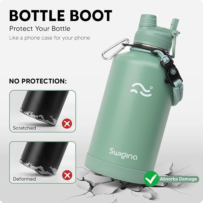 [2-IN-1 LID] 64 oz Insulated Water Bottle with Silicone Boot (48hrs Cold/24hrs Hot) - DIY Stickers, Leakproof, BPA Free, Half Gallon