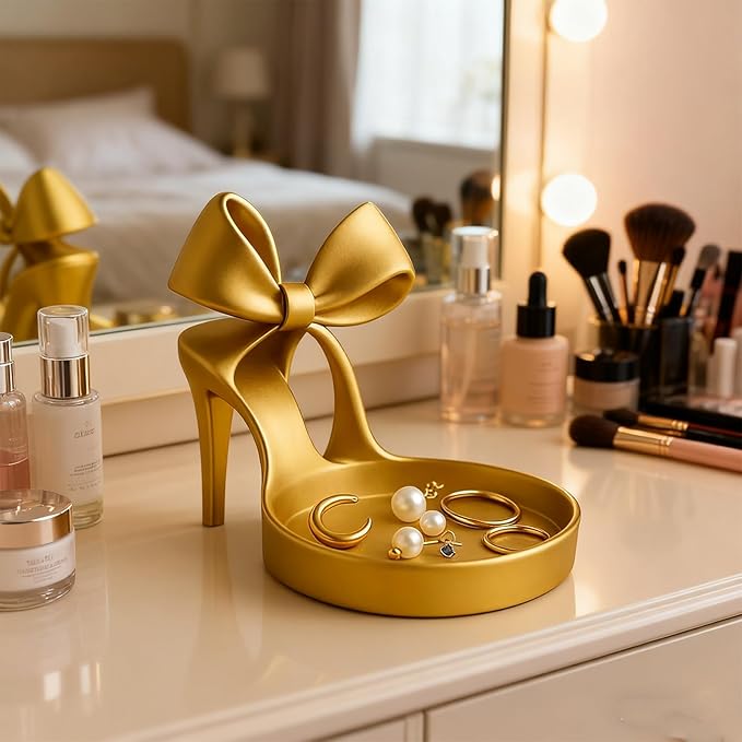3D Printed High Heel Jewelry Holder & Organizer Tray With Elegant Bow Decor-Ring Display Stand, Earring, Bracelet Holder For Vanity, Desk Top, Dresser - Unique Home Decor Gift For Women (Golden)