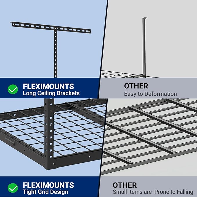 FLEXIMOUNTS 2x3 Overhead Garage Storage Rack, Adjustable Organization System, Heavy-Duty Metal Ceiling Racks, 155lbs Weight Capacity, Black, Classic Series
