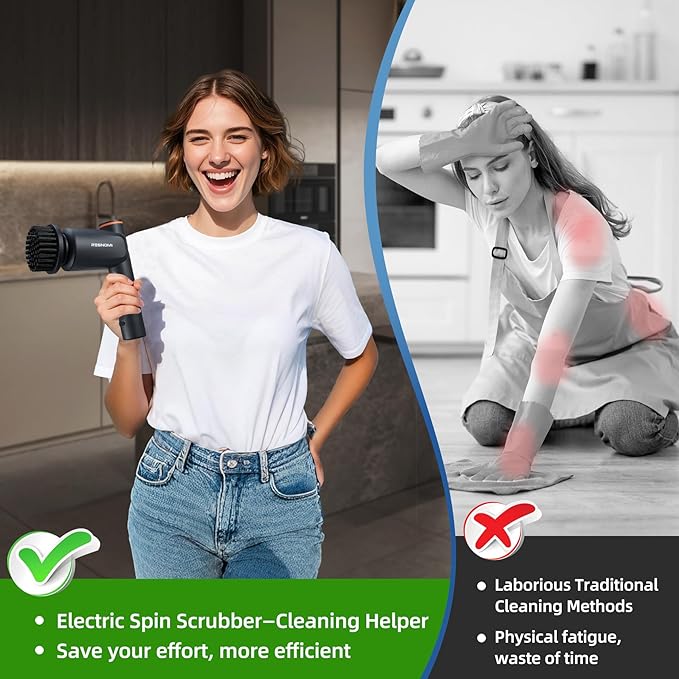 Electric Spin Scrubber, Bathroom Shower Scrubber with LCD Display, 2 Speeds Electric Scrubber for Cleaning with 6 Replaceable Heads, 4-Hour Runtime‌, Cleaning Brush for Kitchen/Car, Gray-Black