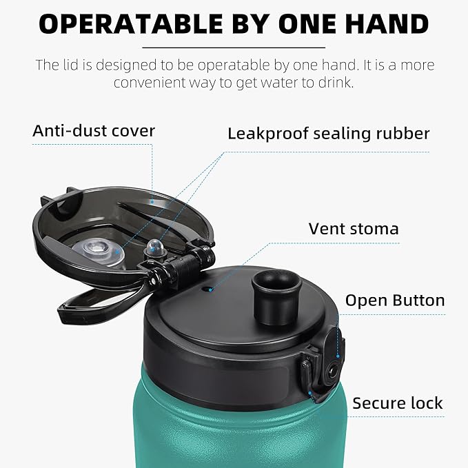 Fanhaw 32 oz Insulated Stainless Steel Water Bottle with Anti-Dust Chug Lid, Leakproof Vacuum Sports Bottle for Men & Women (Green Blue)