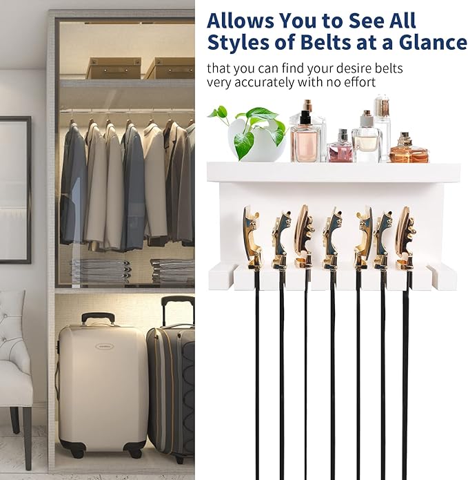 Belt Storage Organizer With Double Shelving Platform, Wall Mount Hanger Rack for Closet, Universal Holder for Men and Women, White