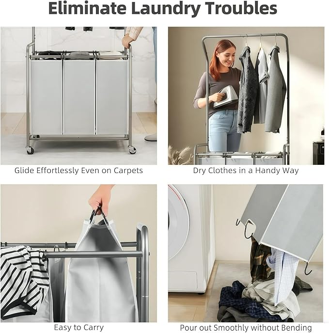 ROMOON Laundry Sorter Hamper with Hanging Bar, 3 Section Rolling Laundry Cart with Clothes Rack & Heavy-Duty Lockable Wheels, Divided Laundry Basket Organizer for Apartment & Small Spaces ((130L Grey)