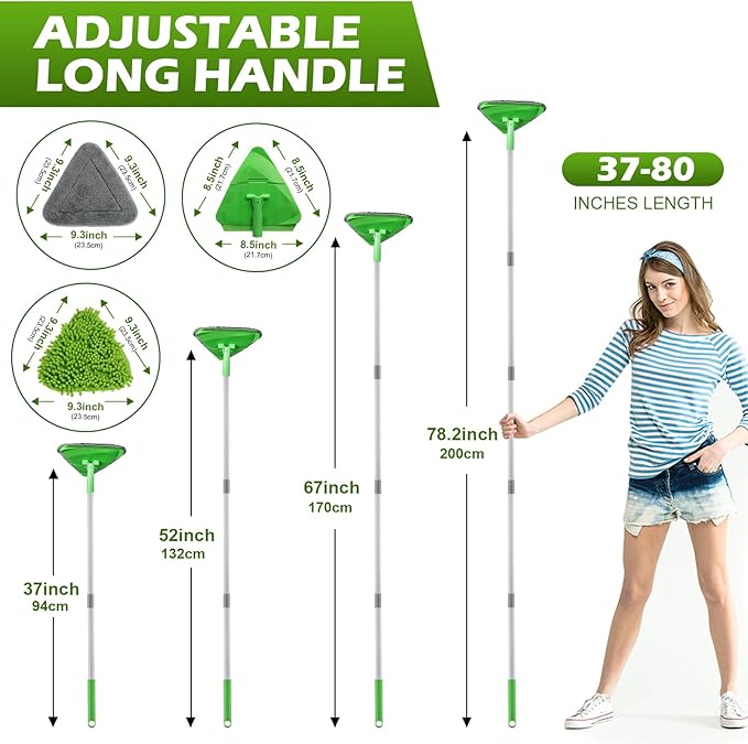 RONSUNG Wall Cleaner Triangle Mop with 82'' Long Handle - Wall Scrubber, Cleaning Washer Tool with 6 Pads for Clean Walls, Ceiling, Windows, Floors, Baseboards (Green)