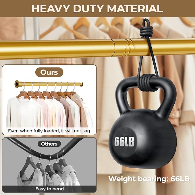Mavivegue Closet Rod, 17 to 84 Inch Gold Adjustable Closet Rods for Hanging Clothes, Hanging Rod for Closet Wardrobes Laundry RV, Bathroom