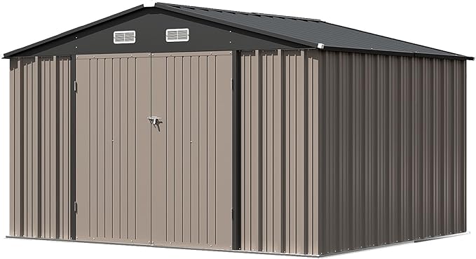 Patiowell 10x8 FT Storage Shed, Outdoor Metal Sheds with Lockable Door and Sloping Roof, Waterproof Outside Large Garden Tool Shed with Breathable Vents for Patio Lawn Backyard, Brown