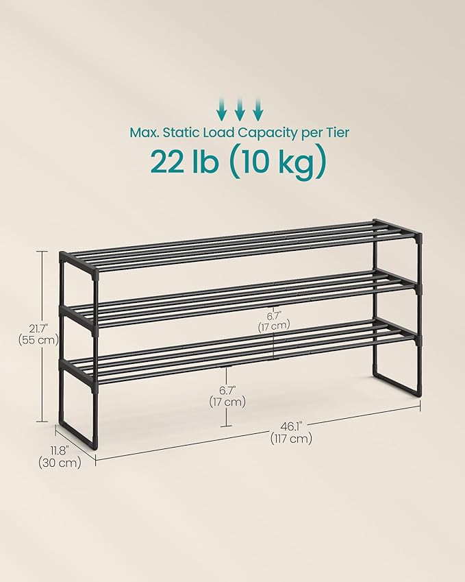 SONGMICS Shoe Rack, 3-Tier Shoe Organizer, Metal Storage Shelf, Upright or Upside Down, for 20-24 Pairs, Stackable, for Entryway, 11.8 x 46.1 x 21.7 Inches, Black ULSA033B01