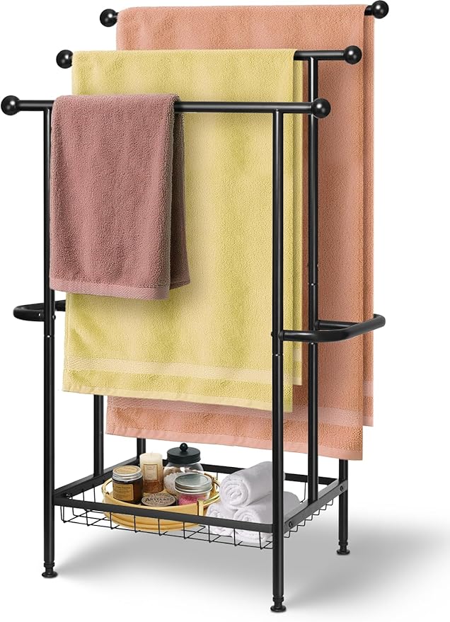 Haturi Free Standing Towel Rack for Bathroom, 39" Black 3-Tier Rust-Resistant Outdoor Towel Drying Rack for Pool, Metal Blanket Rack Holder with Storage Basket for Oversized Bath Towels