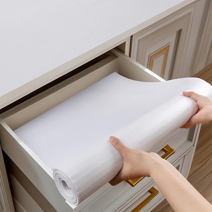 Shelf and Drawer Liner for Kitchen Cabinets Non-Adhesive, Strong Grip Non-Slip Thickened Cabinet Liners for Shelves, Waterproof Mats for Dresser Cupboard, White, 12 in x 20 Feet