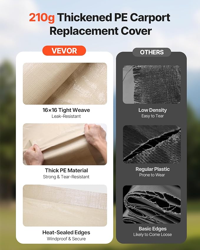 VEVOR Carport Replacement Canopy Cover, 12 x 20 ft Potable Garage Tent Top Tarp, UV-Resistant & Waterproof Car Shelter Tarp, Heavy Duty Car Port Cover with Ball Buggees, Beige, Frame Not Included