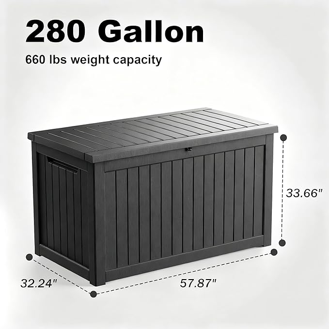 280 Gallon Waterproof Outdoor Storage Box, UV Resistant Resin Deck Box with Hydraulic Rod for Reinforced Stability, Perfect for Patio, Garden, and Pool（Black，280 Gallon）