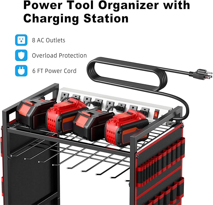 JUNNUJ Large Power Tool Organizer Cart with Charging Station, Garage Floor Standing Rolling Drill and Tools Battery Storage Cart on Wheels, Heavy Duty Utility Rack Shelf with 8 Outlet Power Strip, Red