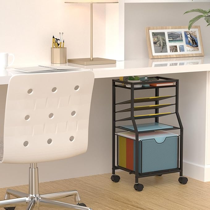 Rolling File Cart, 6-Tier Desk File Organizer on Lockable Wheels, Black Wood Planks & Mesh Sliding Hanging Folder Drawer, Organization Cart for Office Home School